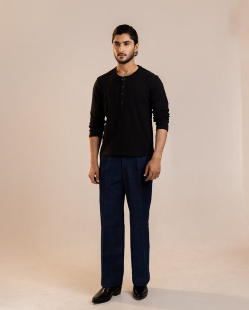Henley Full Sleeve T-Shirt - Black