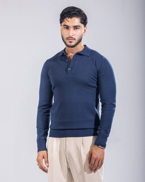 Knitted Polo Full Sleeve - Denim Blue