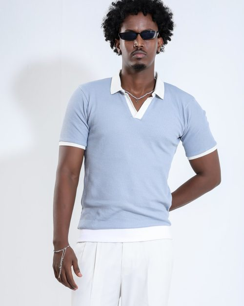 Ribbed Polo - Azure Blue