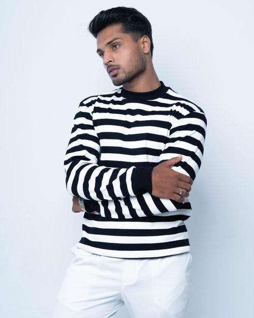 Ribbed Cuff T-Shirt - BnW Stripe