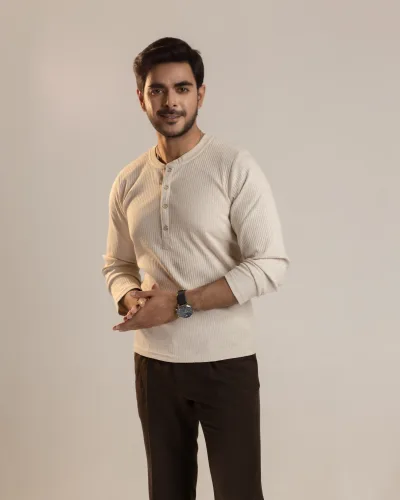 Henley Full Sleeve T-Shirt - Beige