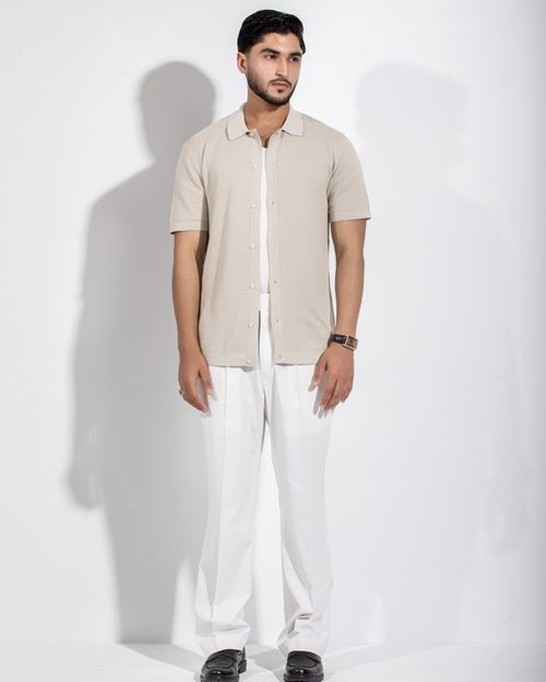 Knitted Polo Half Sleeve - Beige