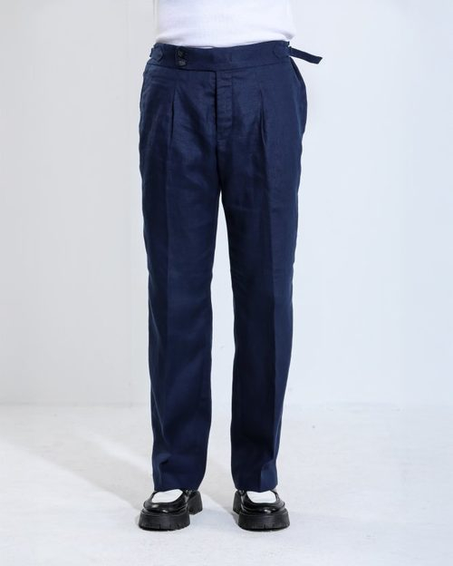 Linen Pleated StraightCut Pant - Denim Blue